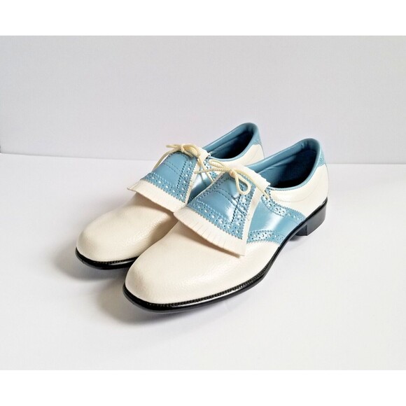 Vintage MONTGOMERY WARD Golf Shoes Sz 9 Blue White Oxford Kiltie Spikes - Picture 2 of 14